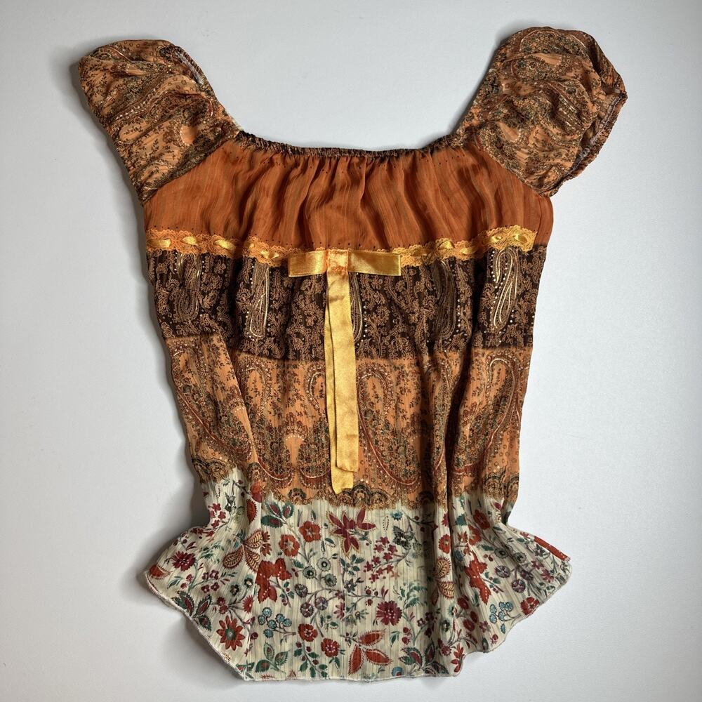 Vintage Boho Patchwork Size Small Top Puff Sleeve Floral Paisley Y2K Milkmaid - Picture 3 of 12